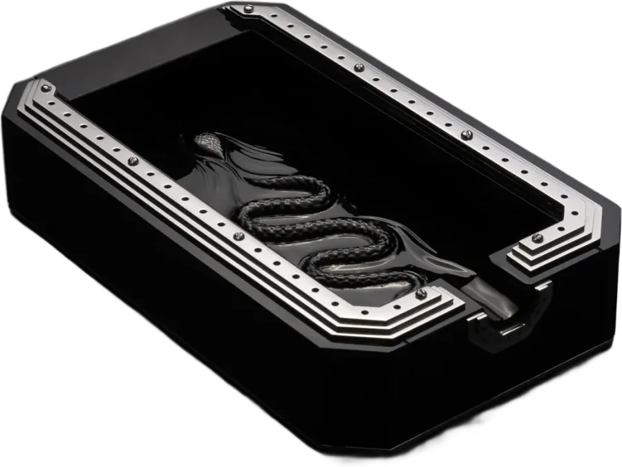 Obscura, ashtray in black obsidian, chrome nickel-plated stainless steel