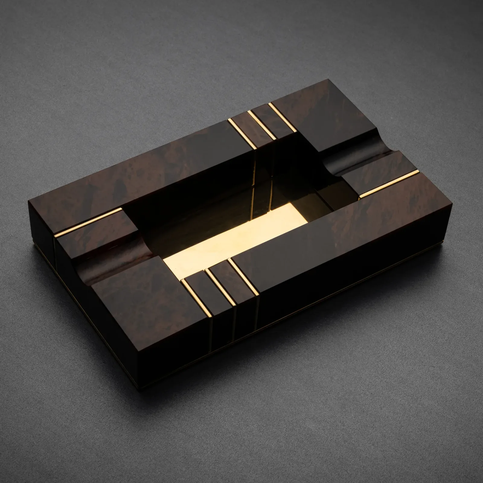 Brown and Gold ashtray in mahogany obsidian, figured like no other block